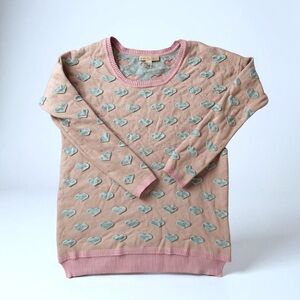 Heart Print Knit Sweater Womens Lg Pink Pastel‎ Whimsical Pullover Cottagecore